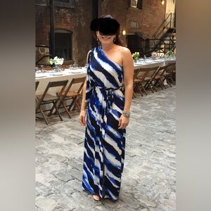 Watercolor inspired one-shoulder, belted maxi dress